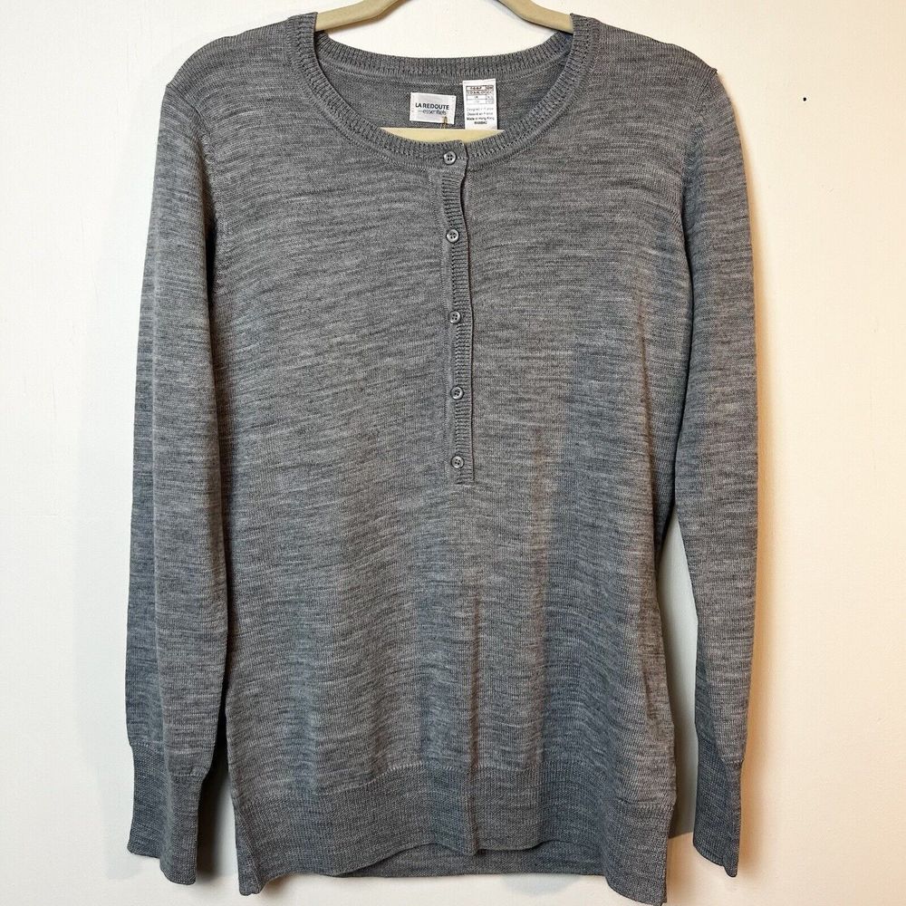 La Redoute Gray Sweater Pullover Half Button Merino Wool Sz L 10/12 NWT